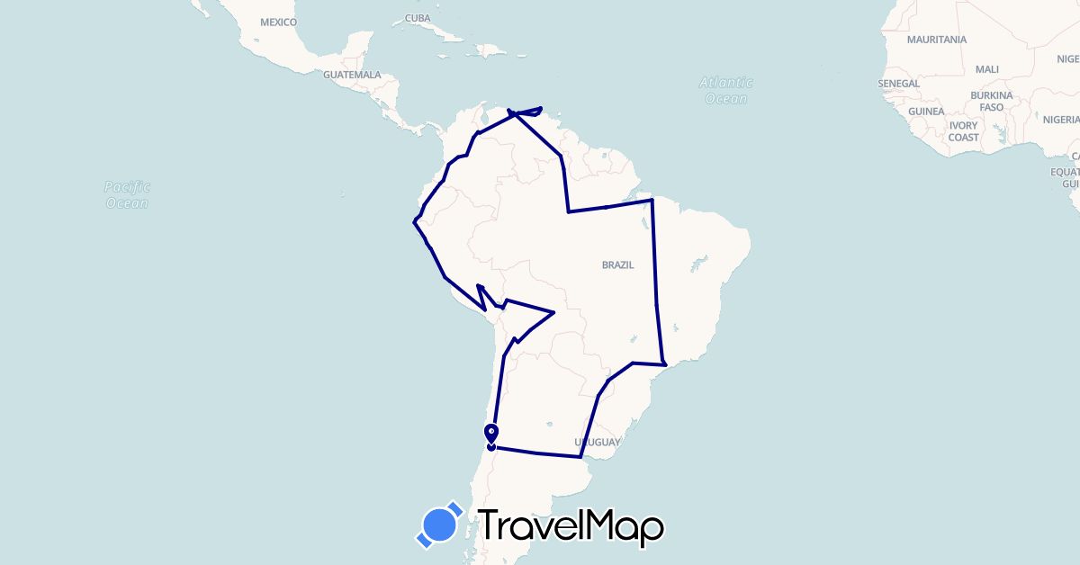 TravelMap itinerary: driving in Argentina, Bolivia, Brazil, Chile, Colombia, Ecuador, Peru, Venezuela (South America)